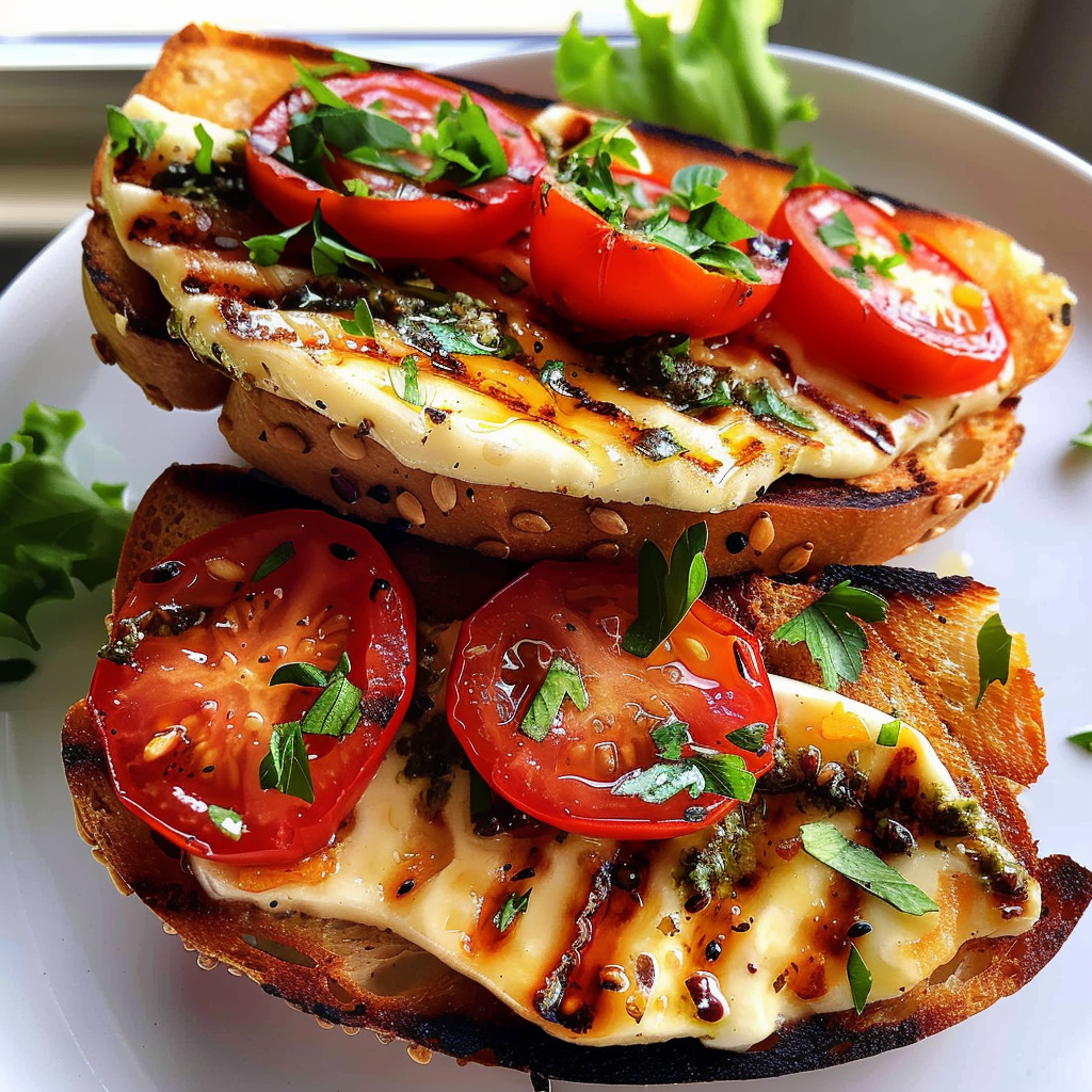 Grilled halloumi sandwich with tomatoes